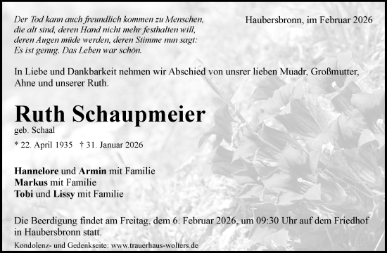 Traueranzeige von Ruth Schaupmeier von Waiblinger Kreiszeitung