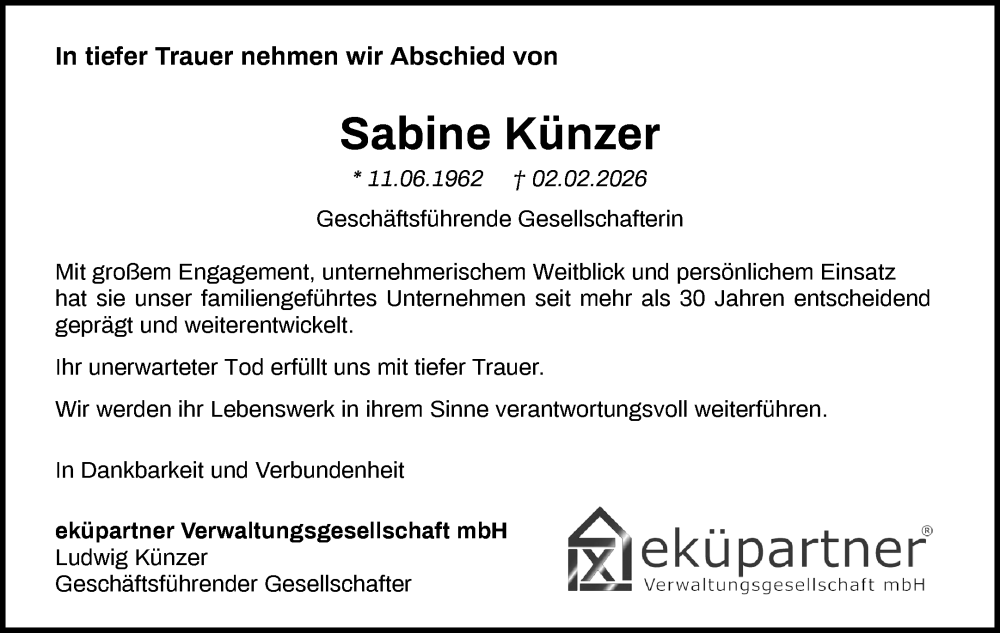  Traueranzeige für Sabine Künzer vom 20.02.2026 aus Waiblinger Kreiszeitung