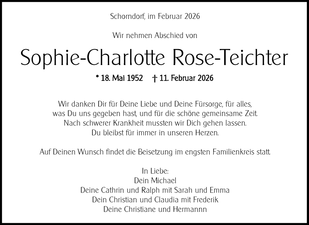  Traueranzeige für Sophie-Charlotte Rose-Teichter vom 18.02.2026 aus Waiblinger Kreiszeitung