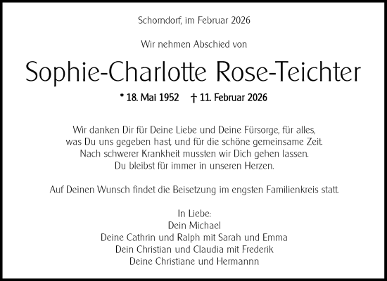 Traueranzeige von Sophie-Charlotte Rose-Teichter von Waiblinger Kreiszeitung