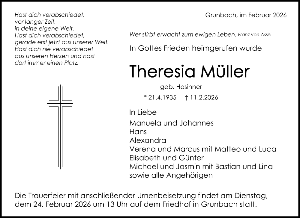  Traueranzeige für Theresia Müller vom 20.02.2026 aus Waiblinger Kreiszeitung