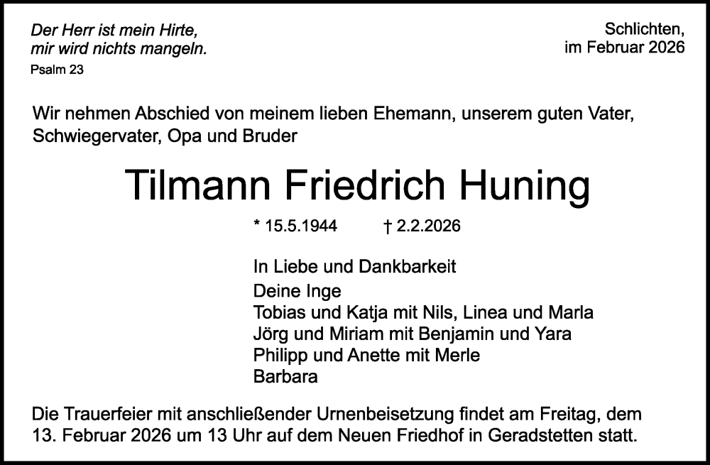  Traueranzeige für Tilmann Friedrich Huning vom 10.02.2026 aus Waiblinger Kreiszeitung