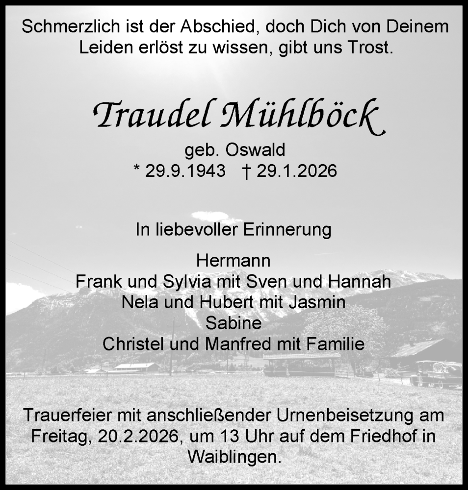 Traueranzeige für Traudel Mühlböck vom 07.02.2026 aus Waiblinger Kreiszeitung