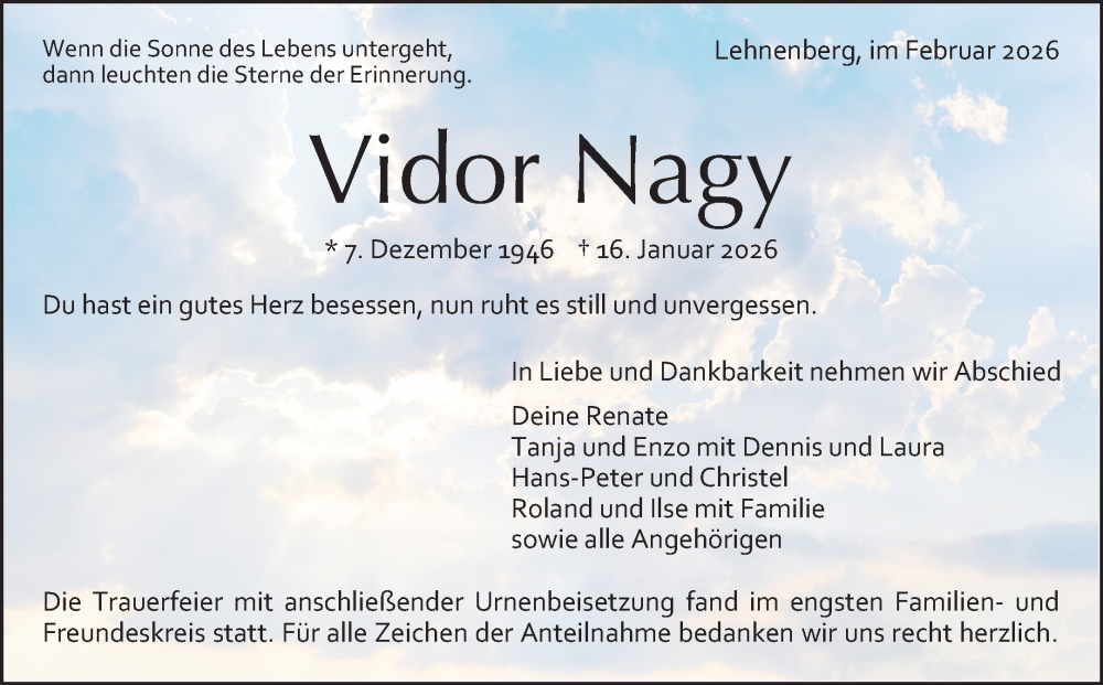  Traueranzeige für Vidor Nagy vom 05.02.2026 aus Waiblinger Kreiszeitung