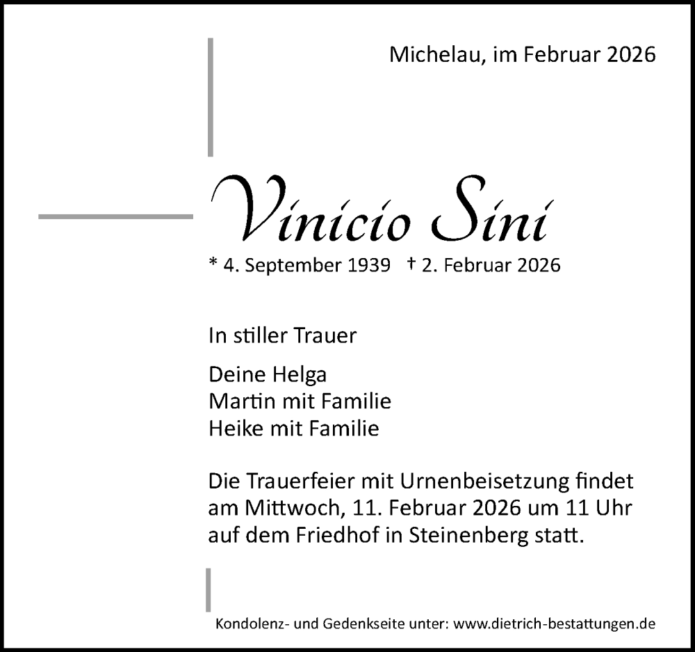  Traueranzeige für Vinicio Sini vom 07.02.2026 aus Waiblinger Kreiszeitung