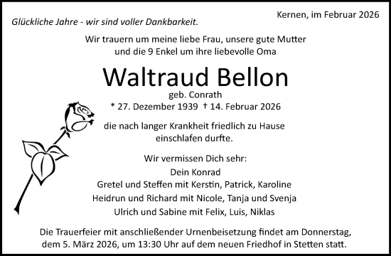 Traueranzeige von Waltraud Bellon von Waiblinger Kreiszeitung