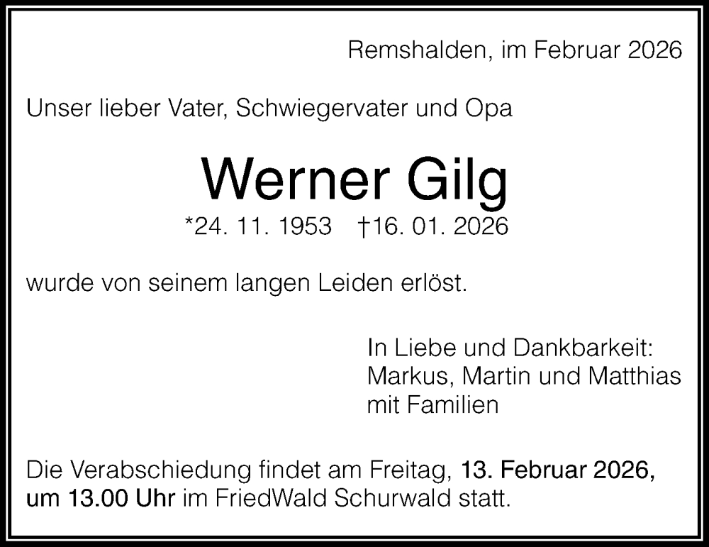  Traueranzeige für Werner Gilg vom 07.02.2026 aus Waiblinger Kreiszeitung