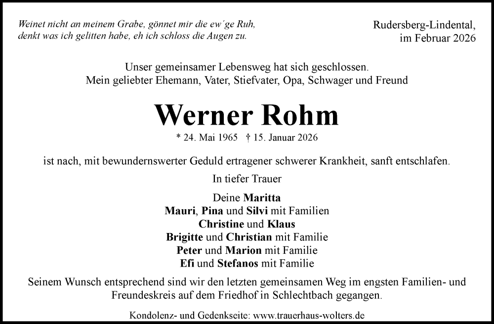  Traueranzeige für Werner Rohm vom 07.02.2026 aus Waiblinger Kreiszeitung