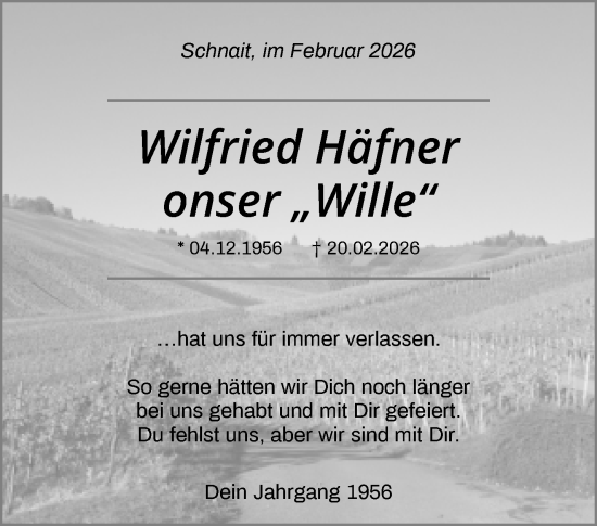 Traueranzeige von Wilfried Häfner von Waiblinger Kreiszeitung