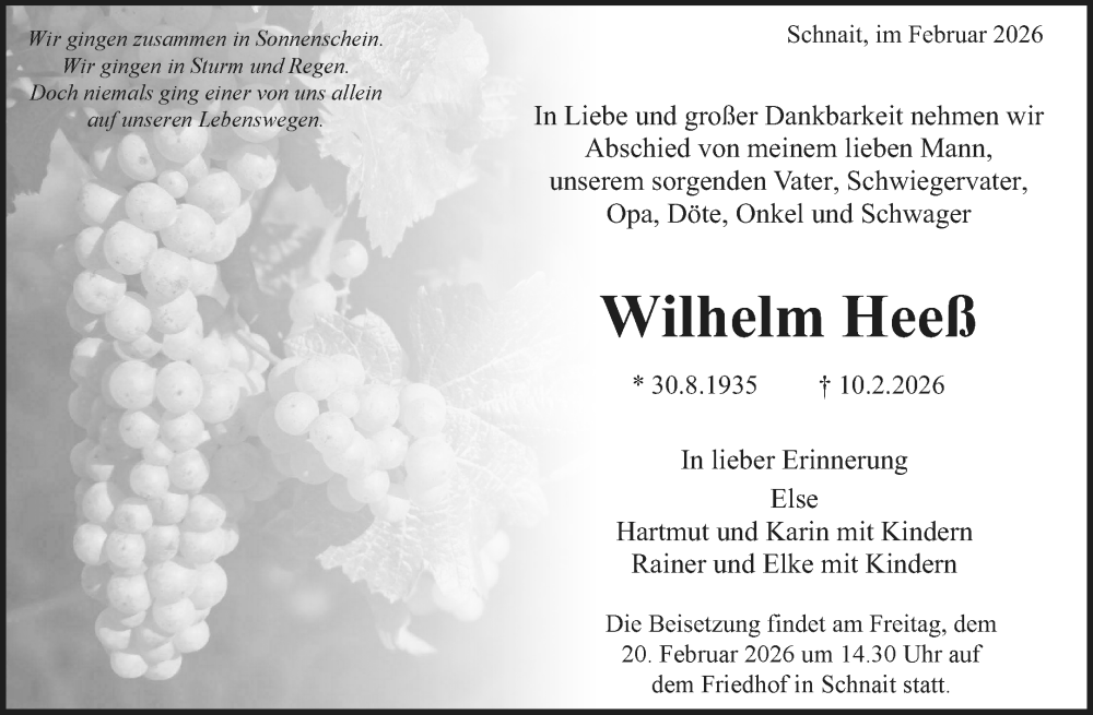  Traueranzeige für Wilhelm Heeß vom 17.02.2026 aus Waiblinger Kreiszeitung