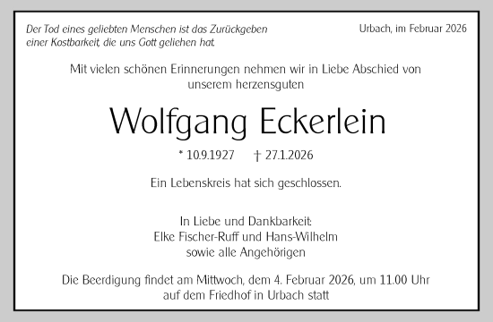 Traueranzeige von Wolfgang Eckerlein von Waiblinger Kreiszeitung