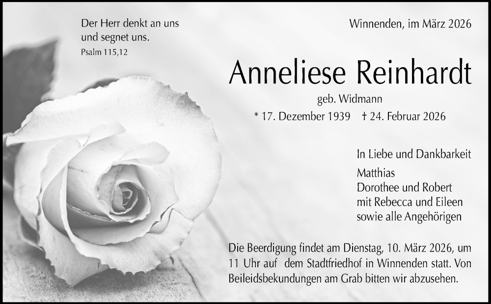  Traueranzeige für Anneliese Reinhardt vom 02.03.2026 aus Waiblinger Kreiszeitung