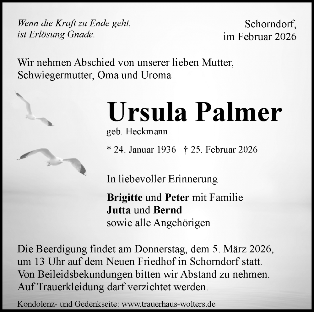  Traueranzeige für Ursula Palmer vom 02.03.2026 aus Waiblinger Kreiszeitung